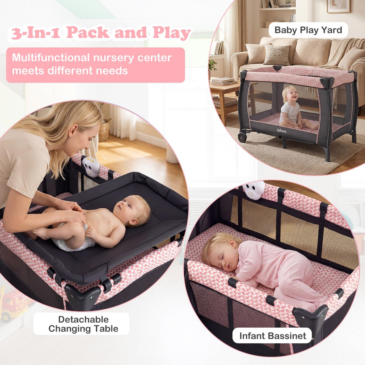 3 in 1 Pack and Play with Bassinet, Changing Table, Storage C579