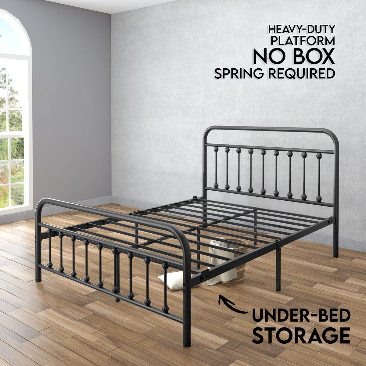 Black Full Size Metal Bed Frame with Wrought Iron Headboard N823942