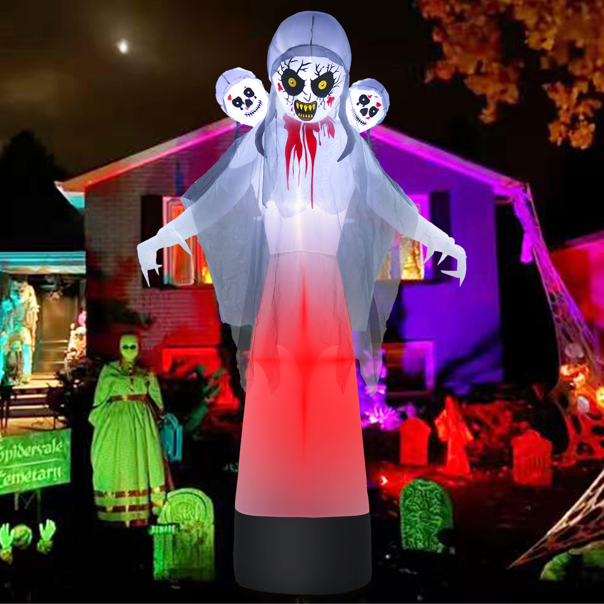 8.6FT Halloween Inflatable Grim Reaper Ghost with Skull Heads B9277