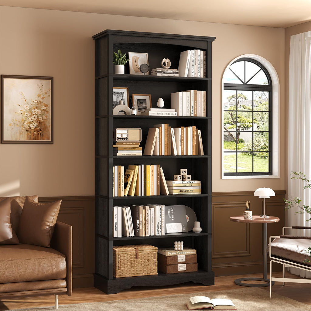 6-Tier 76 Inch Tall Black Wooden Bookshelf X535552