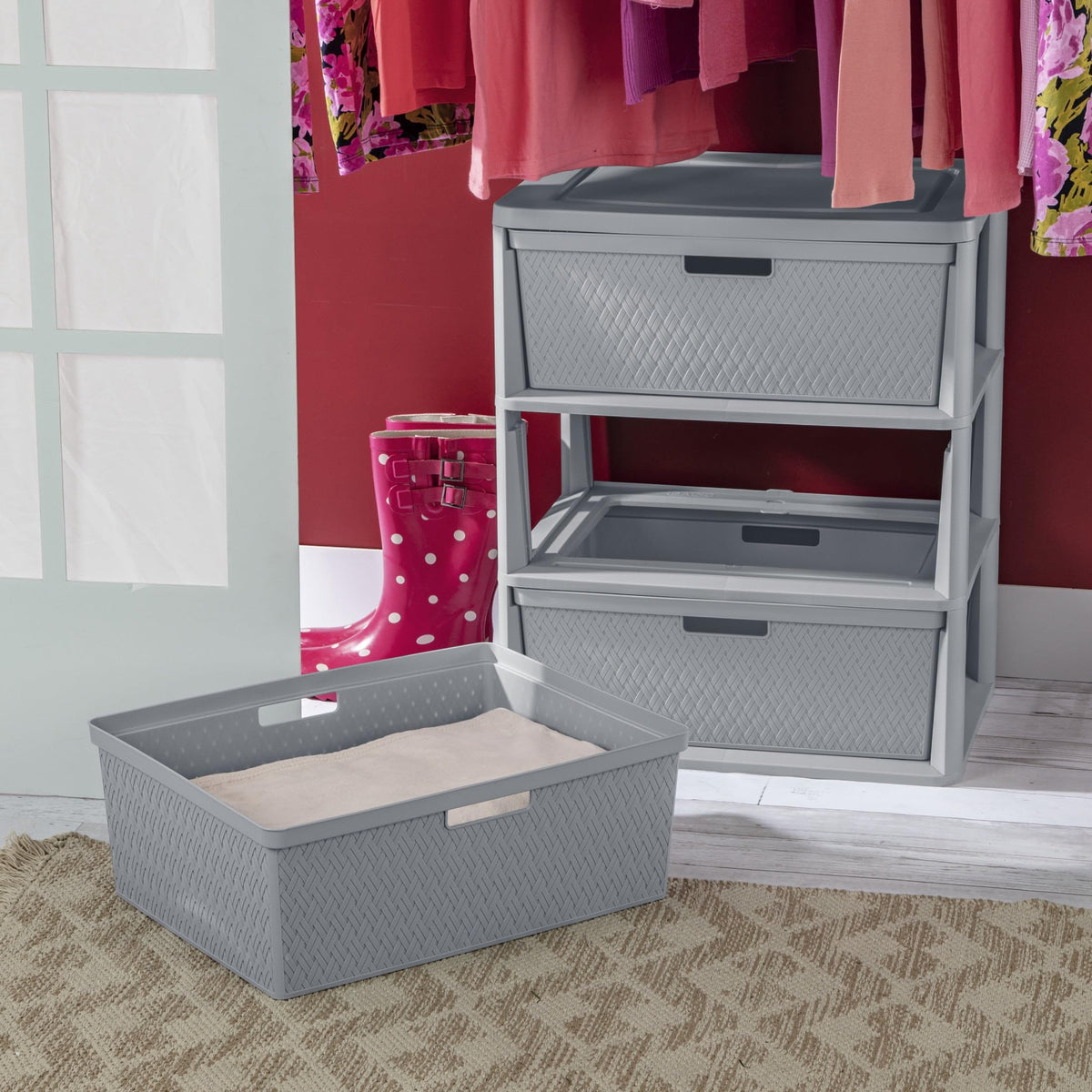 Wide 3-Drawer Plastic Storage Tower with Removable Bins, Gray C733