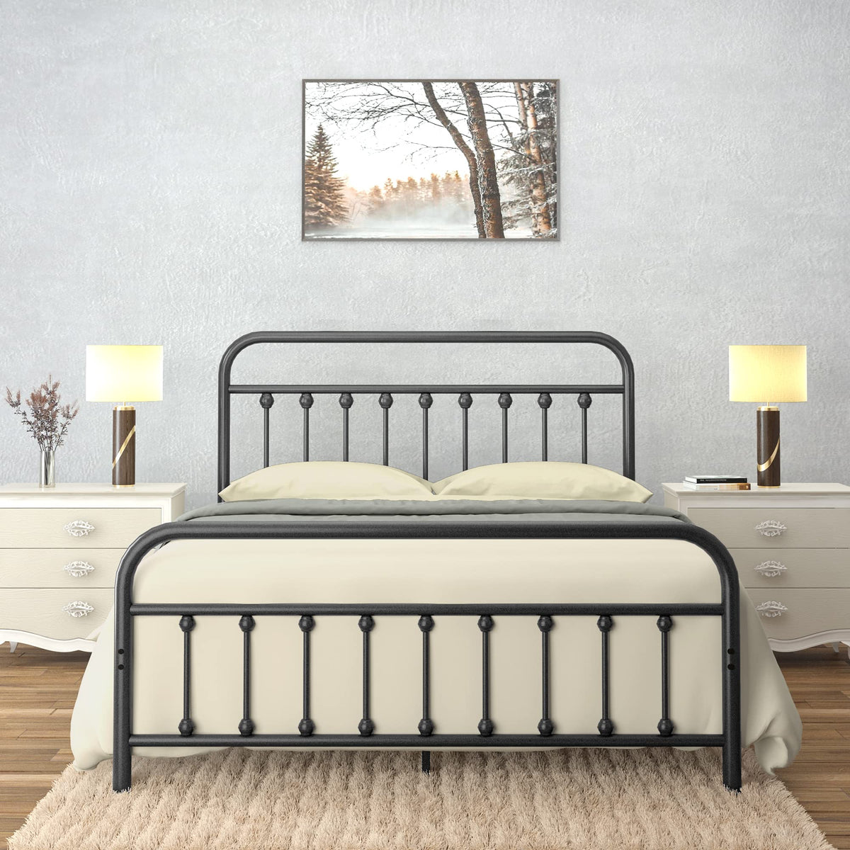 Black Full Size Metal Bed Frame with Wrought Iron Headboard N823942