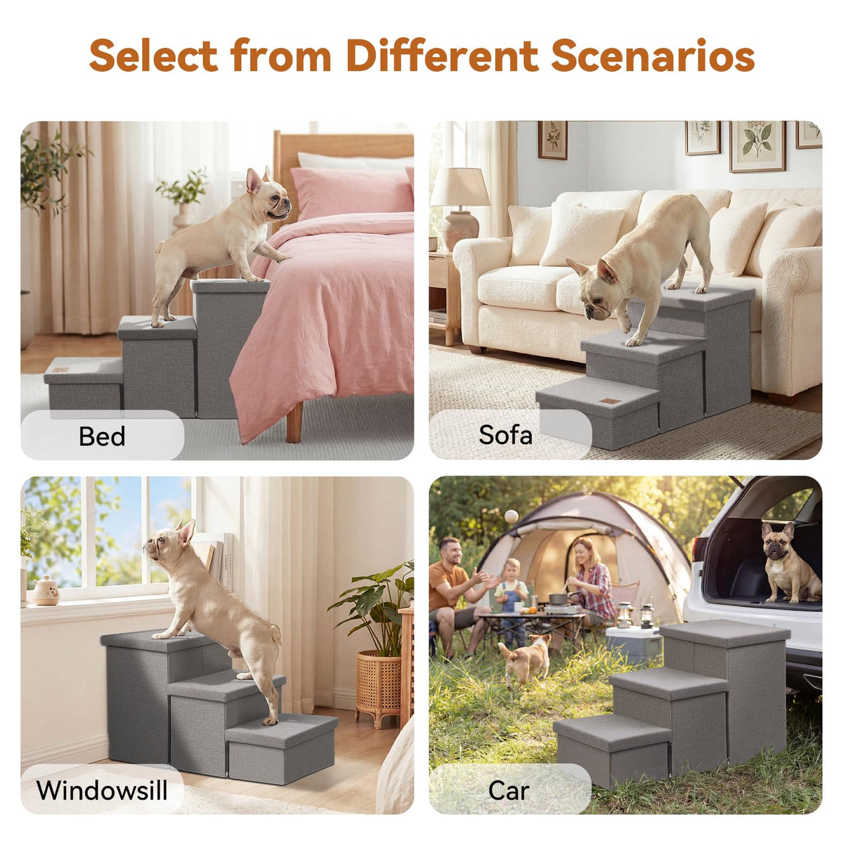 Grey 3 Steps Dog Stairs with Storage G198