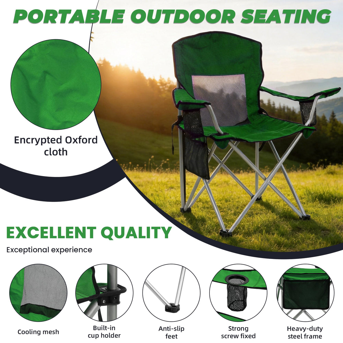 2 Pack Folding Camping Chair with Cup Holder & Carry Bag, Grass Green O50002