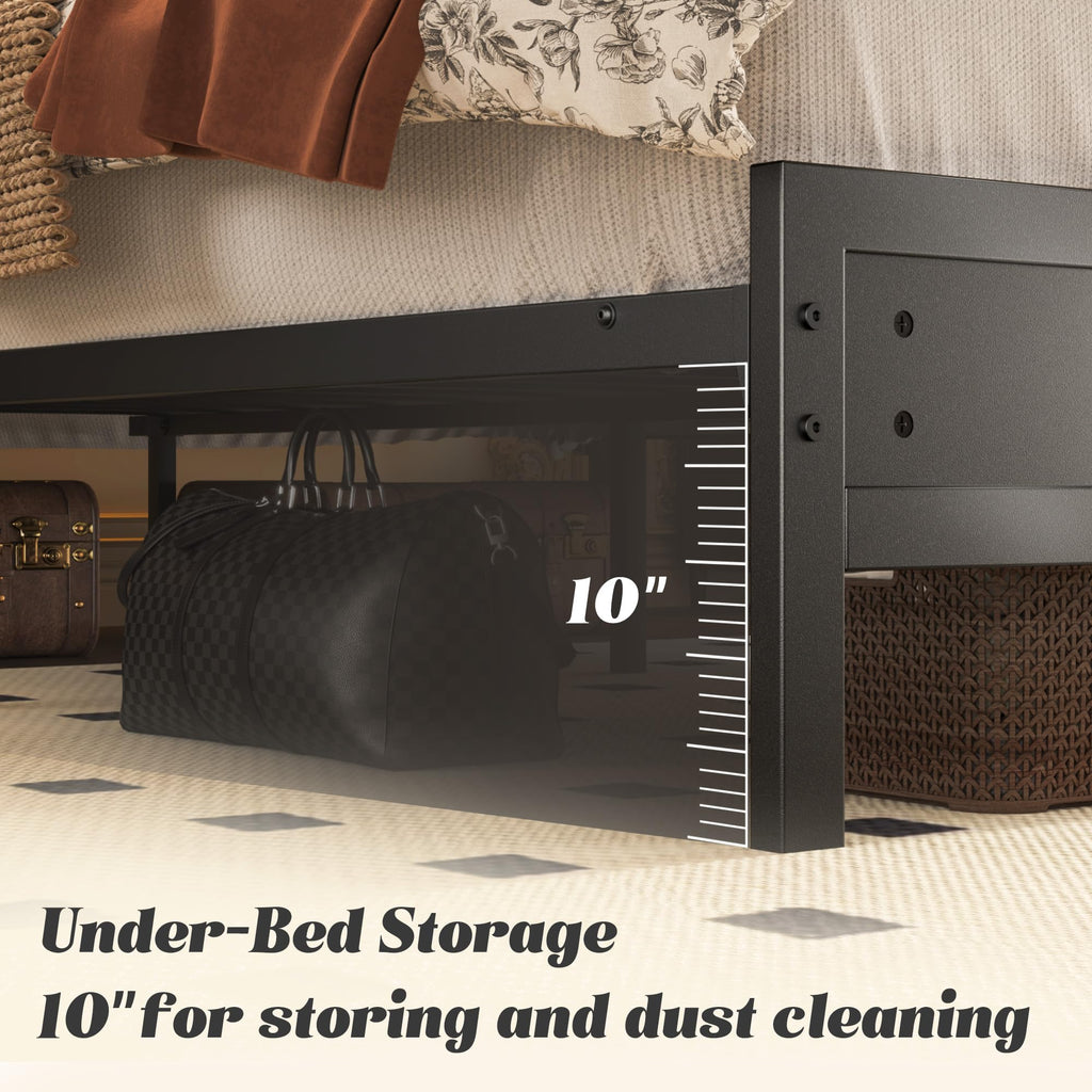 Full Bed Frame with Headboard, Footboard, Charging Station, LED Light, Storage Shelf, Black C949