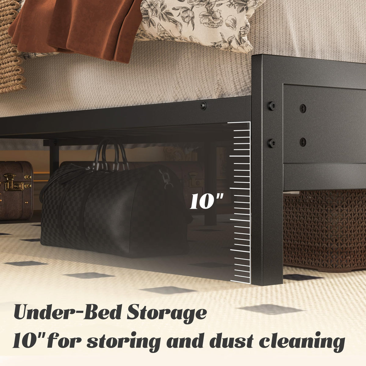 Full Bed Frame with Headboard, Footboard, Charging Station, LED Light, Storage Shelf, Black C949