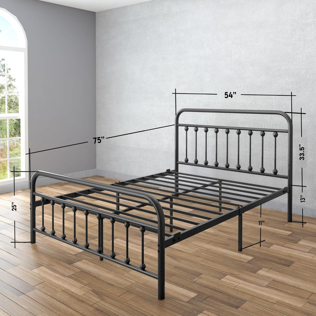 Black Full Size Metal Bed Frame with Wrought Iron Headboard N823942