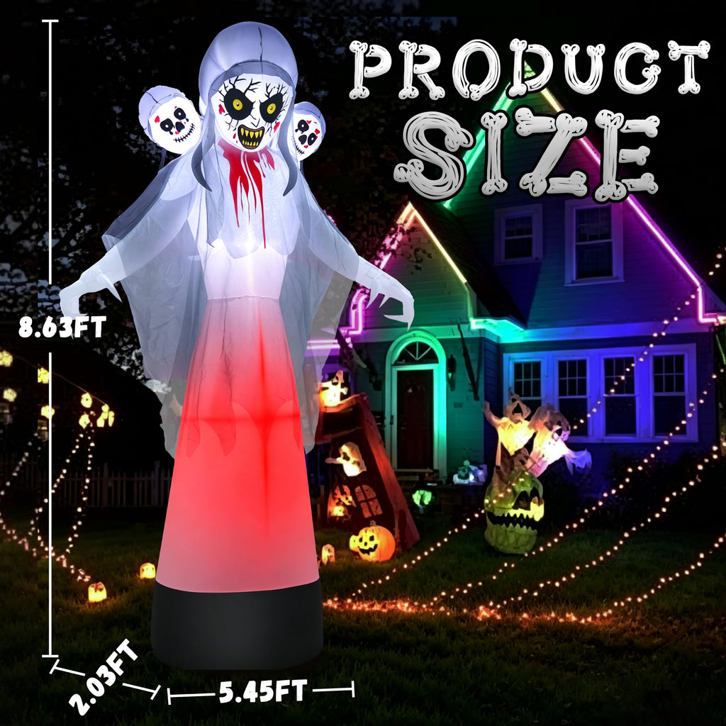 8.6FT Halloween Inflatable Grim Reaper Ghost with Skull Heads B9277