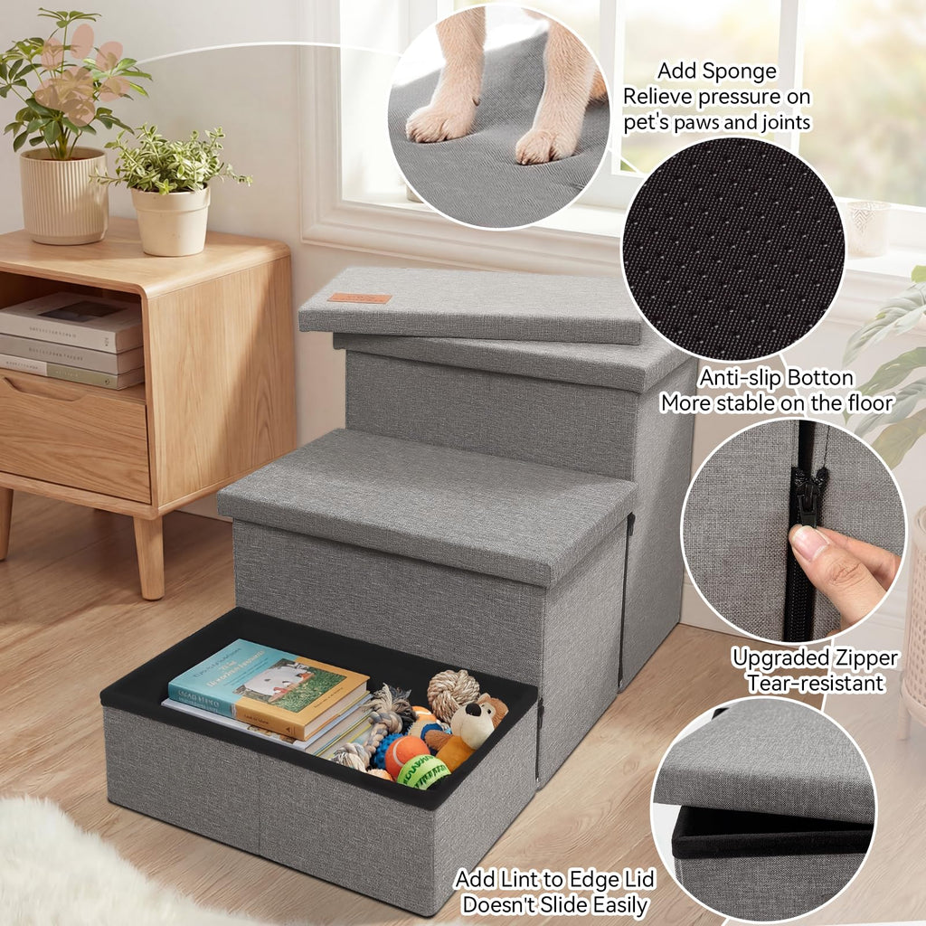 Grey 3 Steps Dog Stairs with Storage G198