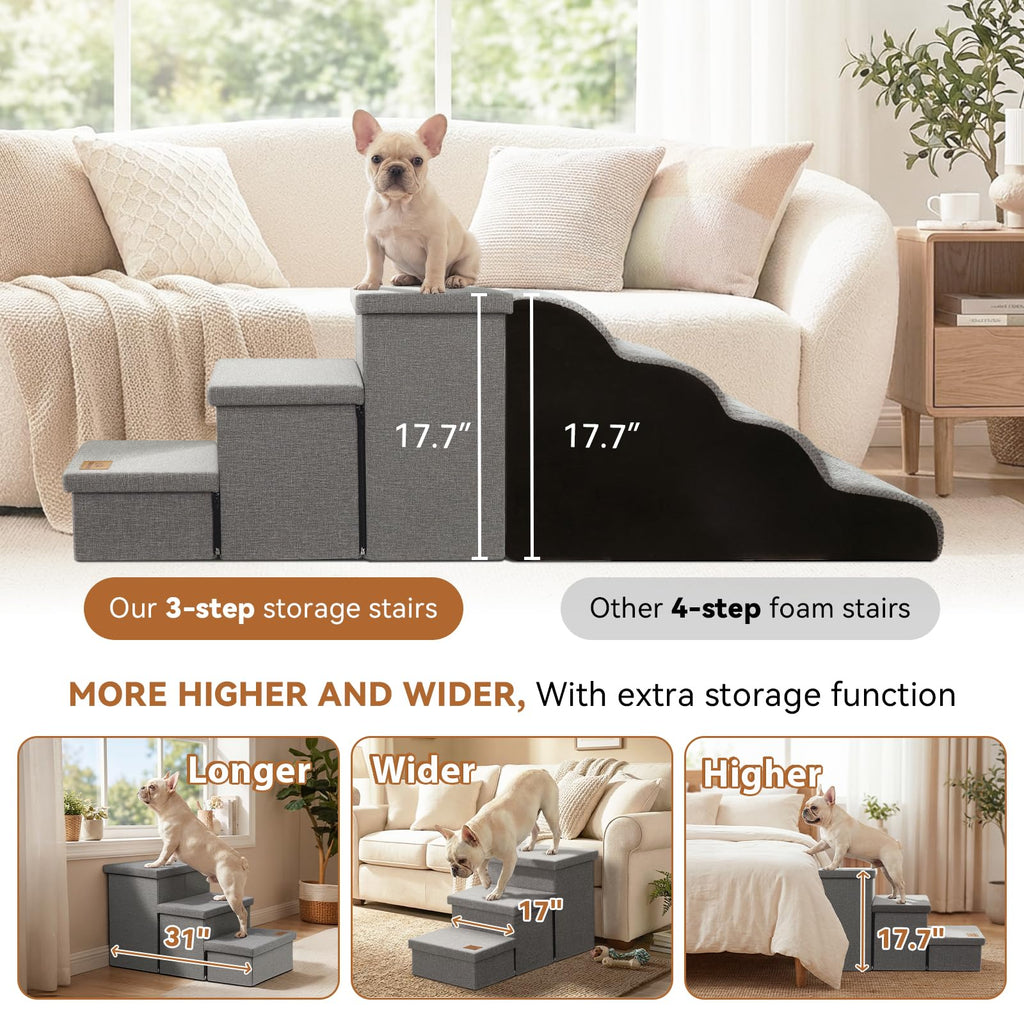 Grey 3 Steps Dog Stairs with Storage G198