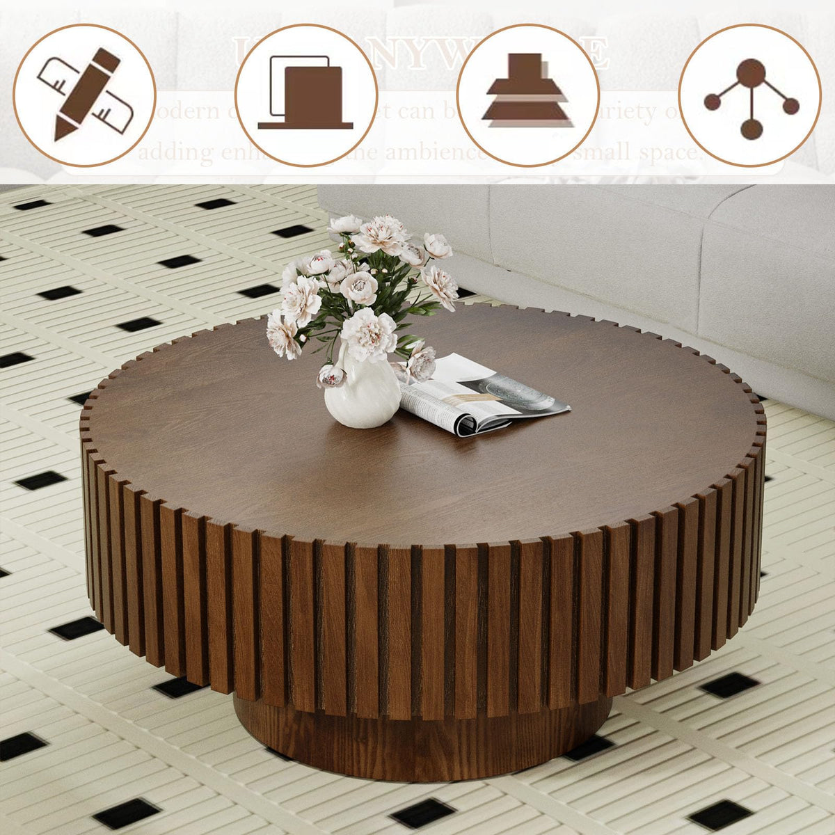 Round Fluted Drum Coffee Table with Pedestal Base S554414
