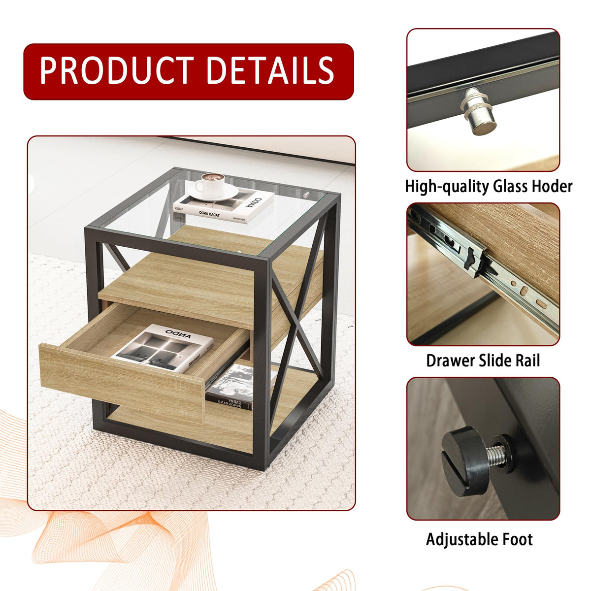 Brown Wood Glass Metal End Table Set of 2 A79588