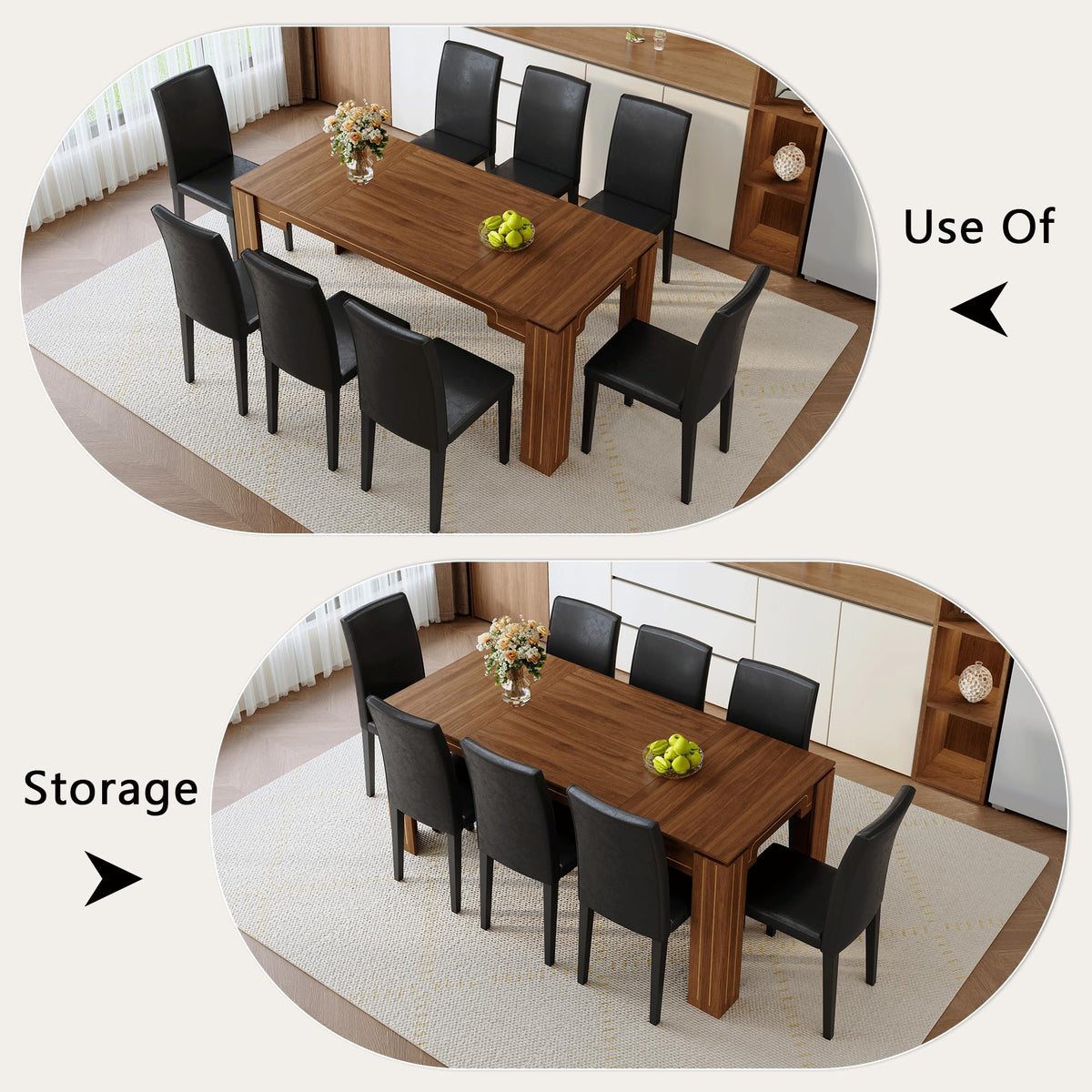 9 Piece Walnut Wood Grain Dining Table Set with 8 Black Chairs O82167