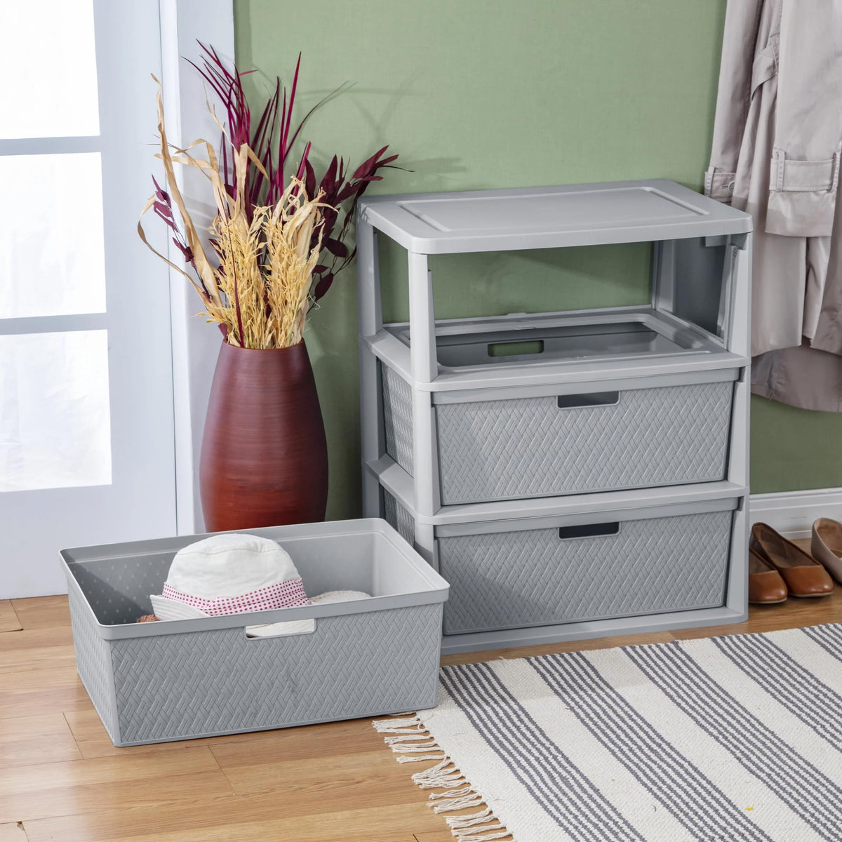 Wide 3-Drawer Plastic Storage Tower with Removable Bins, Gray C733