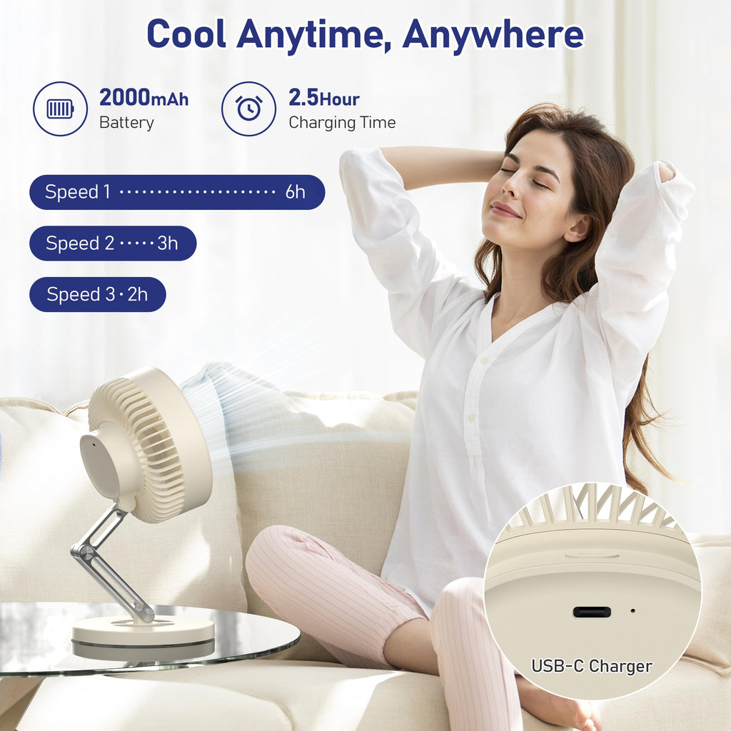 Small Quiet Table Fan with Metal Stand 3 Speed 2000mAh Rechargeable N2806