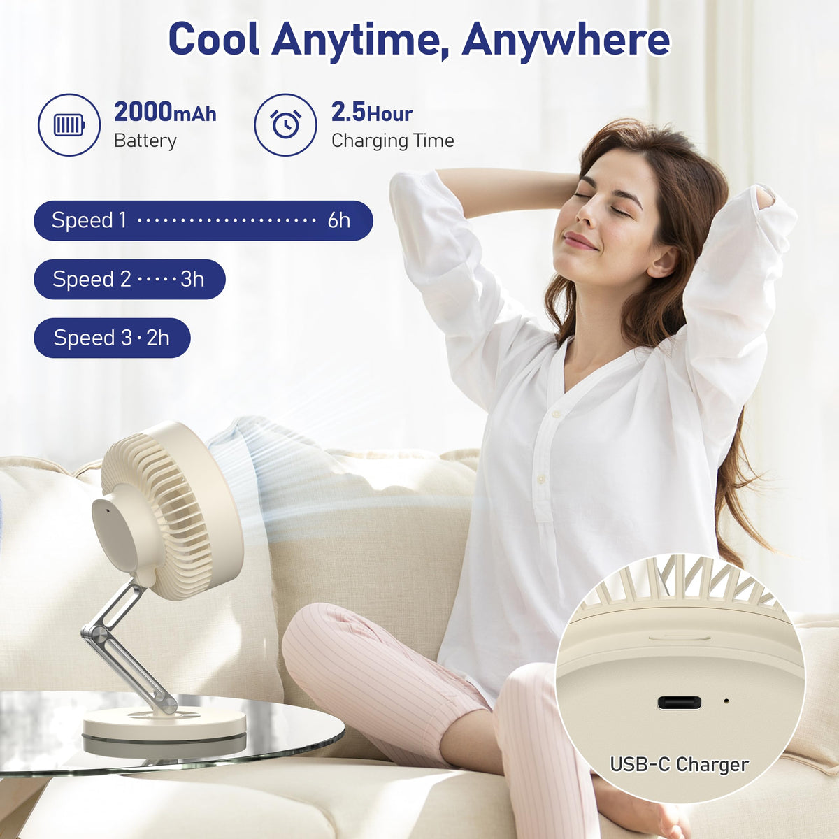 Small Quiet Table Fan with Metal Stand 3 Speed 2000mAh Rechargeable N2806