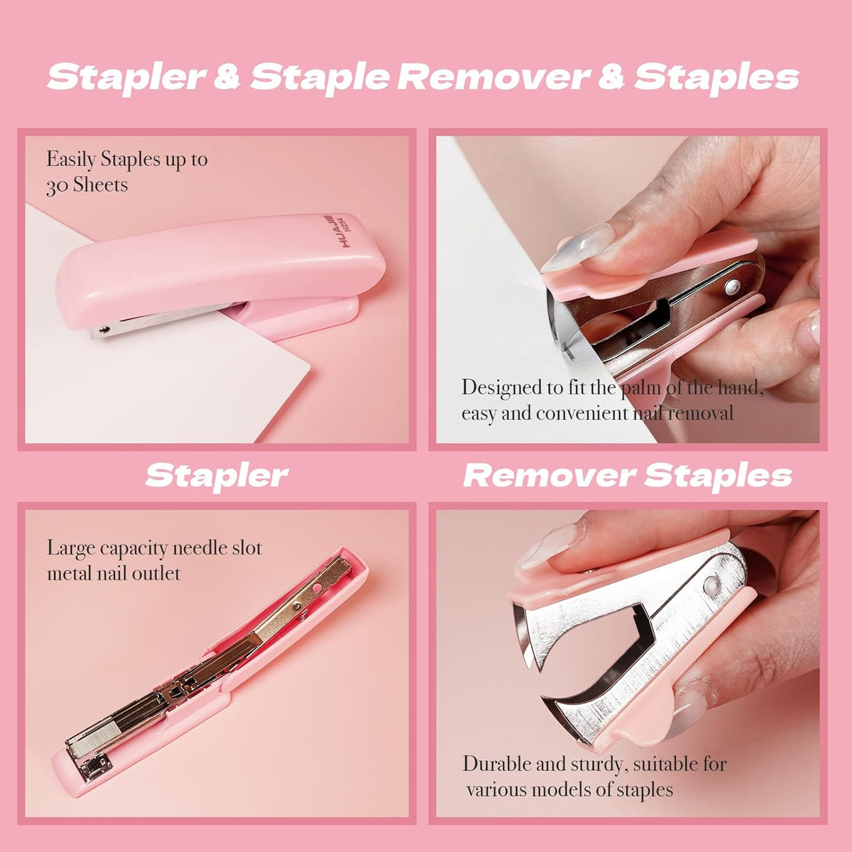 Pink Office Supplies Set with Stapler, Tape Dispenser, Pen Holder, 1000 Staples E317