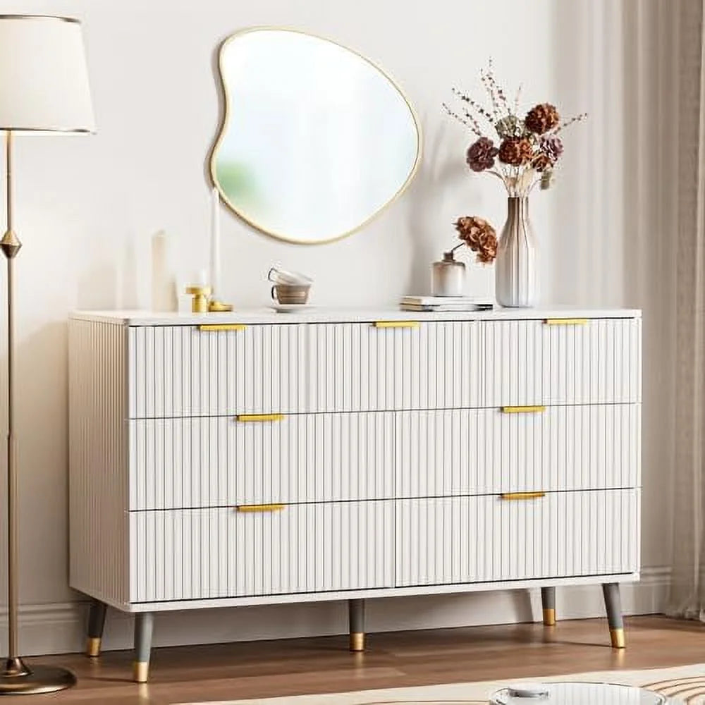 7 Drawer White Gold Wood Dresser Q35941