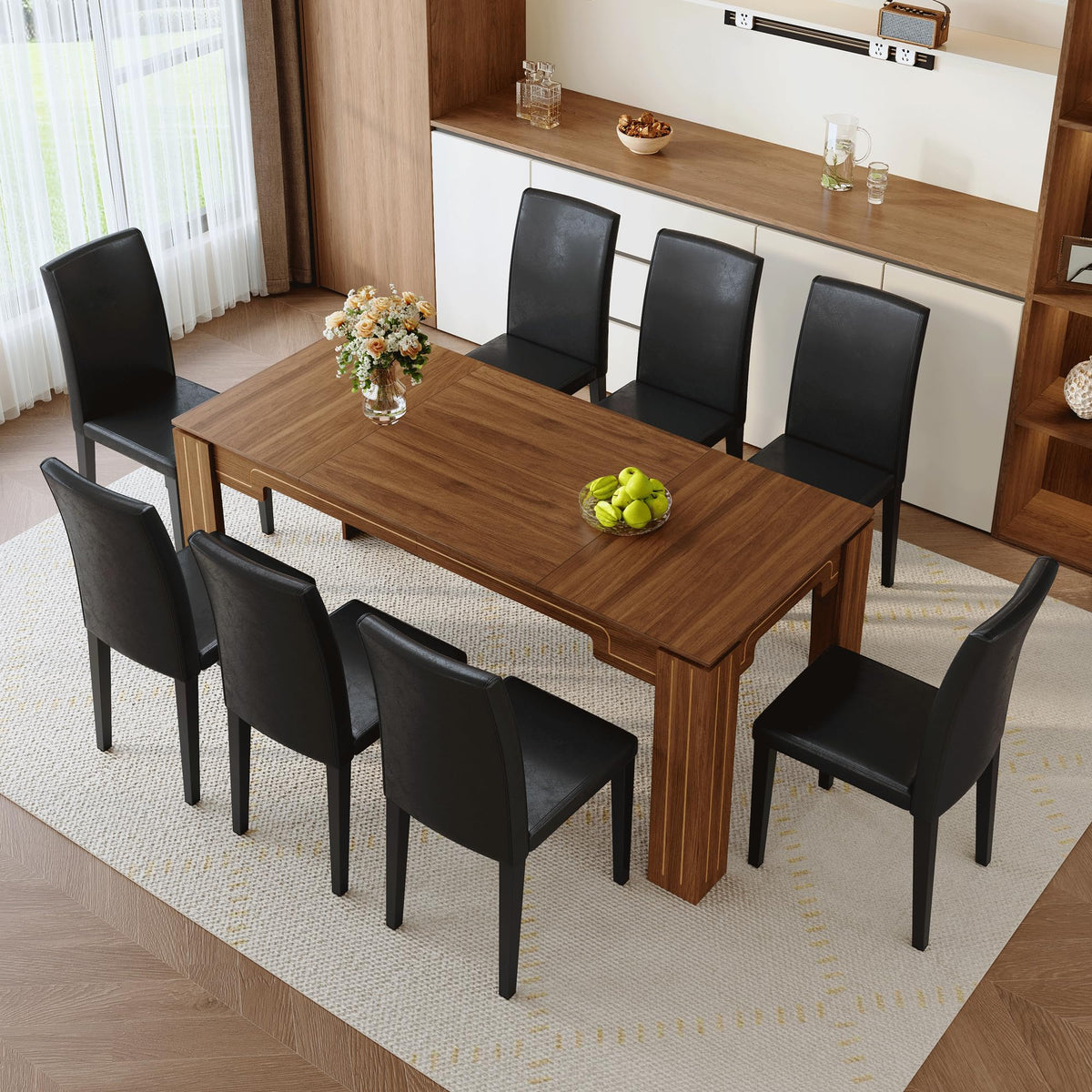 9 Piece Walnut Wood Grain Dining Table Set with 8 Black Chairs O82167