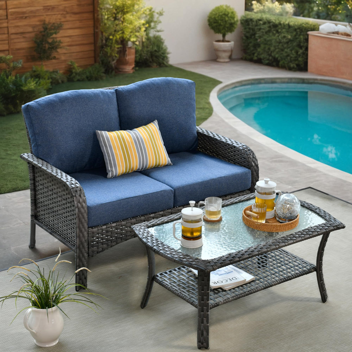 2 Pieces Blue Wicker Patio Bistro Set U930