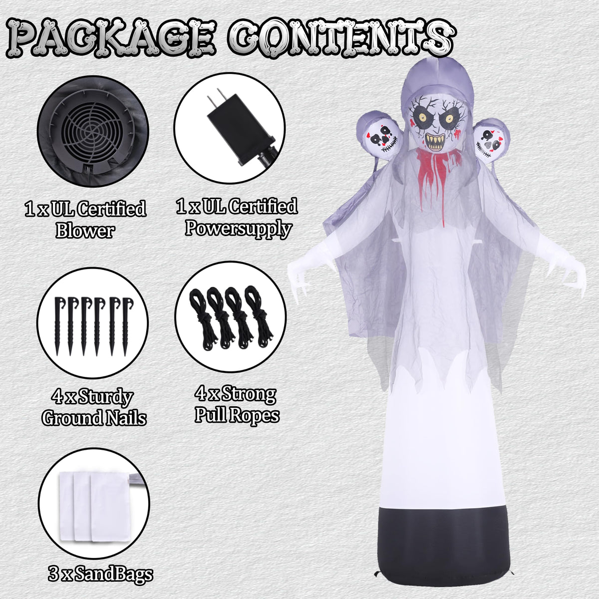 8.6FT Halloween Inflatable Grim Reaper Ghost with Skull Heads B9277