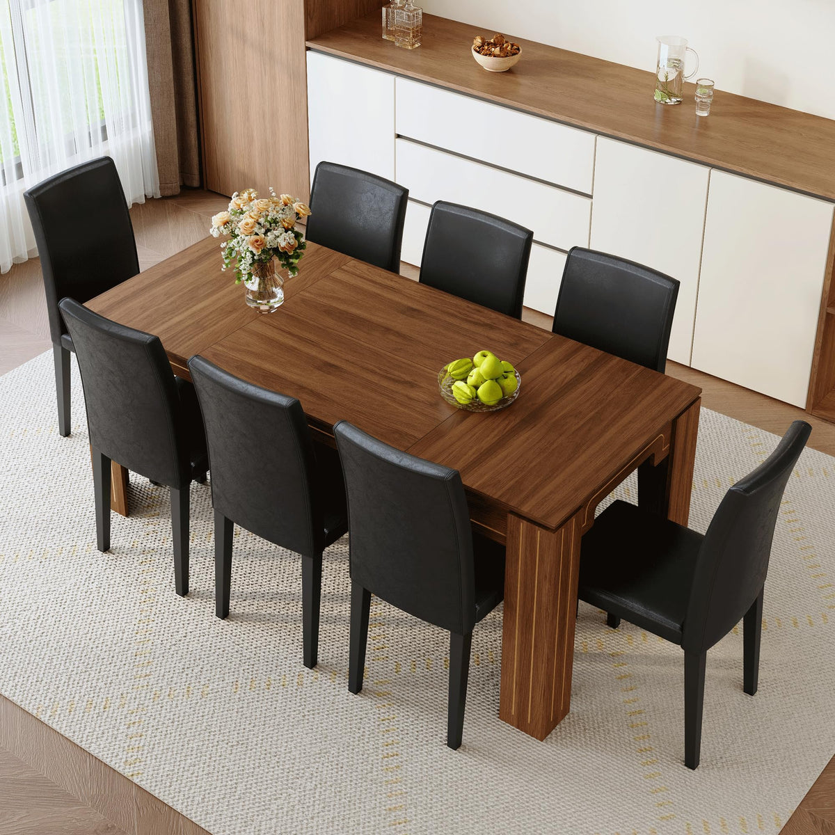 9 Piece Walnut Wood Grain Dining Table Set with 8 Black Chairs O82167