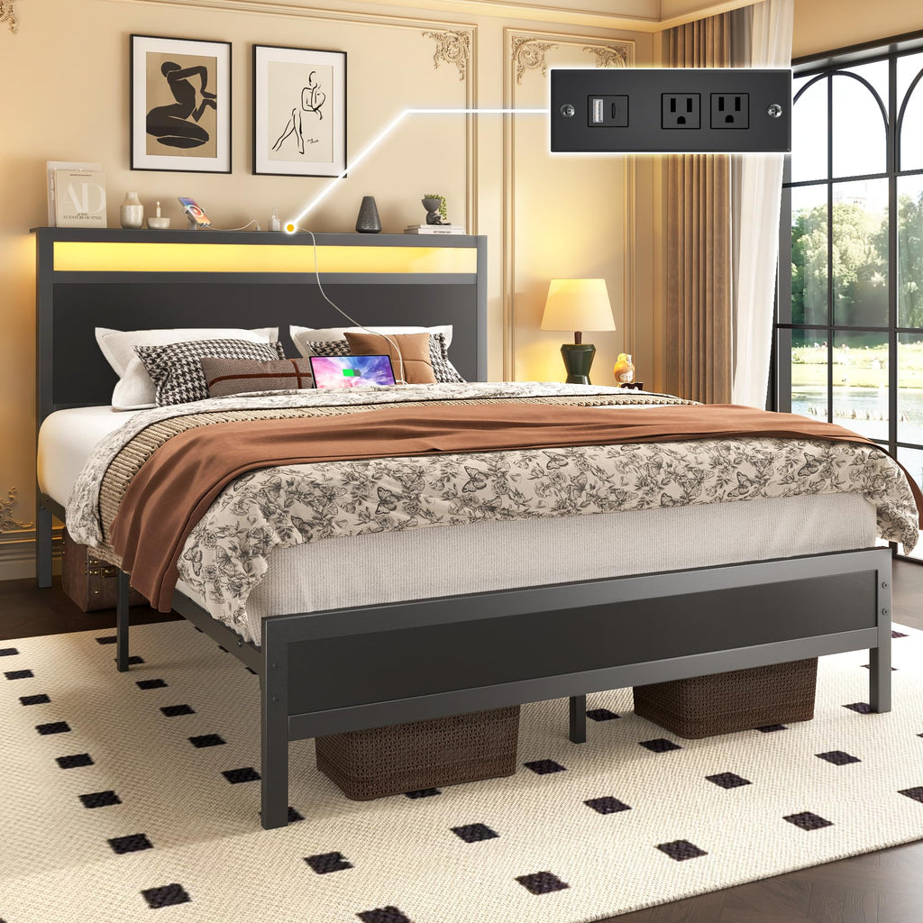 Full Bed Frame with Headboard, Footboard, Charging Station, LED Light, Storage Shelf, Black C949