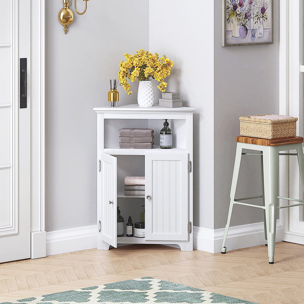 White Corner Bathroom Cabinet with Doors and Adjustable Shelf O2995