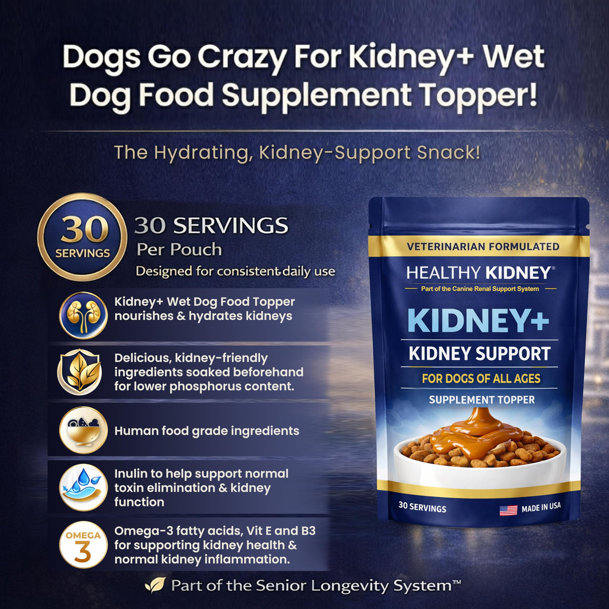 Dog Kidney Support Supplement Food Topper with Omega 3, Prebiotics, Fiber P91655