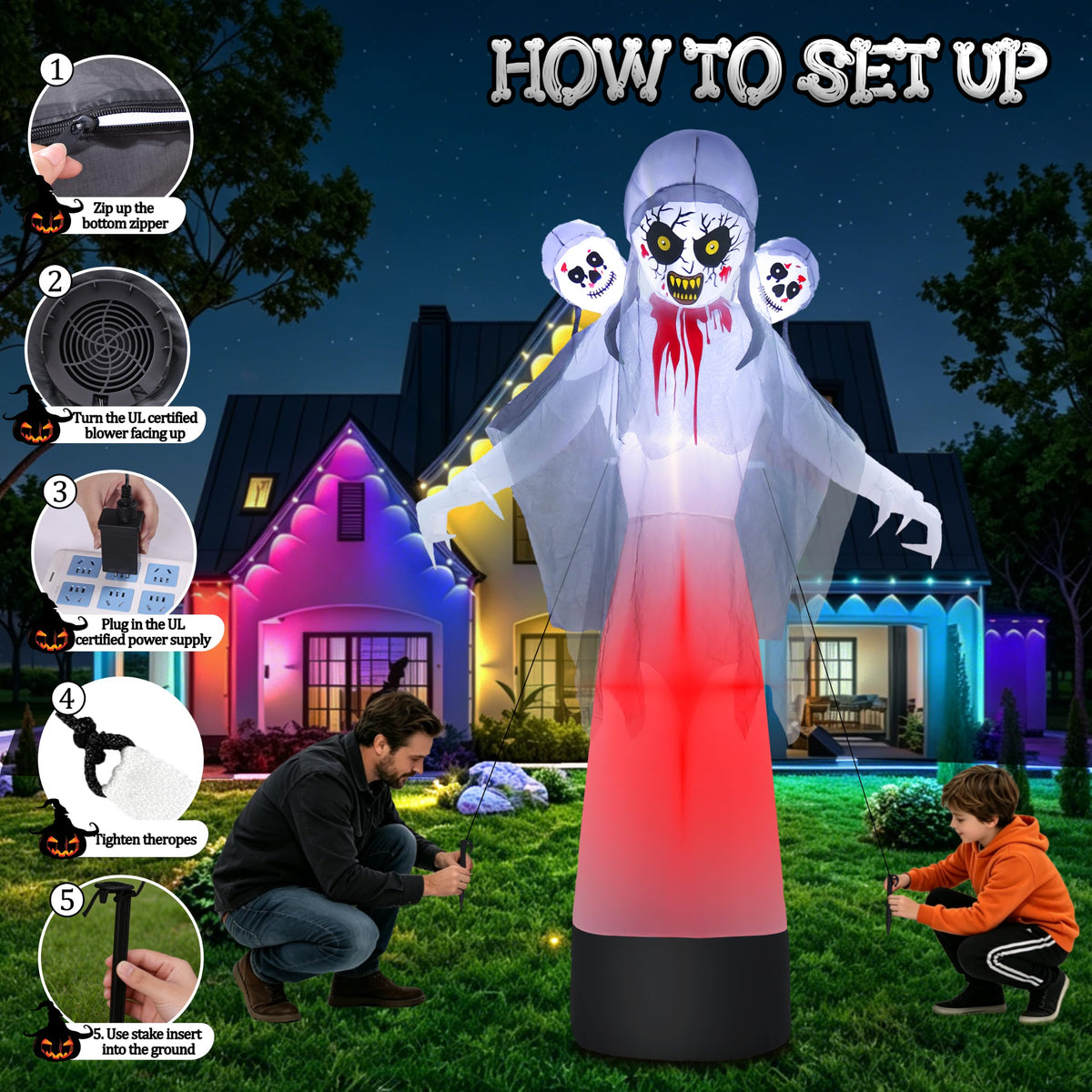 8.6FT Halloween Inflatable Grim Reaper Ghost with Skull Heads B9277