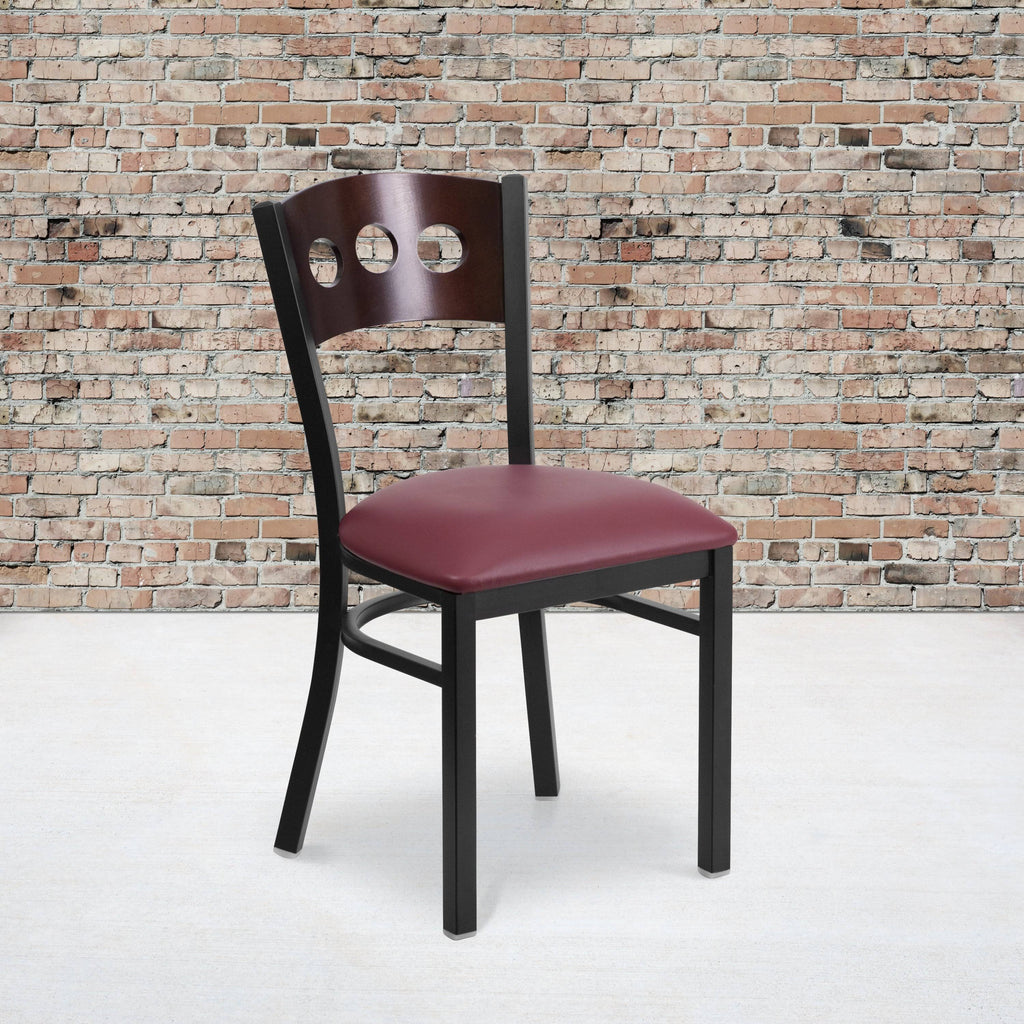Black Metal Restaurant Chair with Walnut Wood Back and Burgundy Vinyl Seat V35438