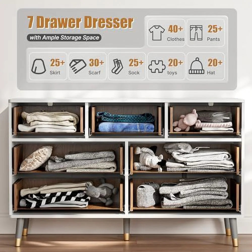 7 Drawer White Gold Wood Dresser Q35941