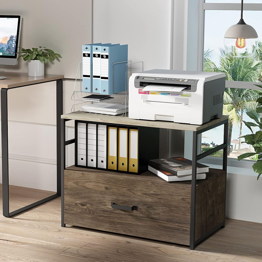 Wooden Lateral File Cabinet with Drawer and Open Storage Shelves L977