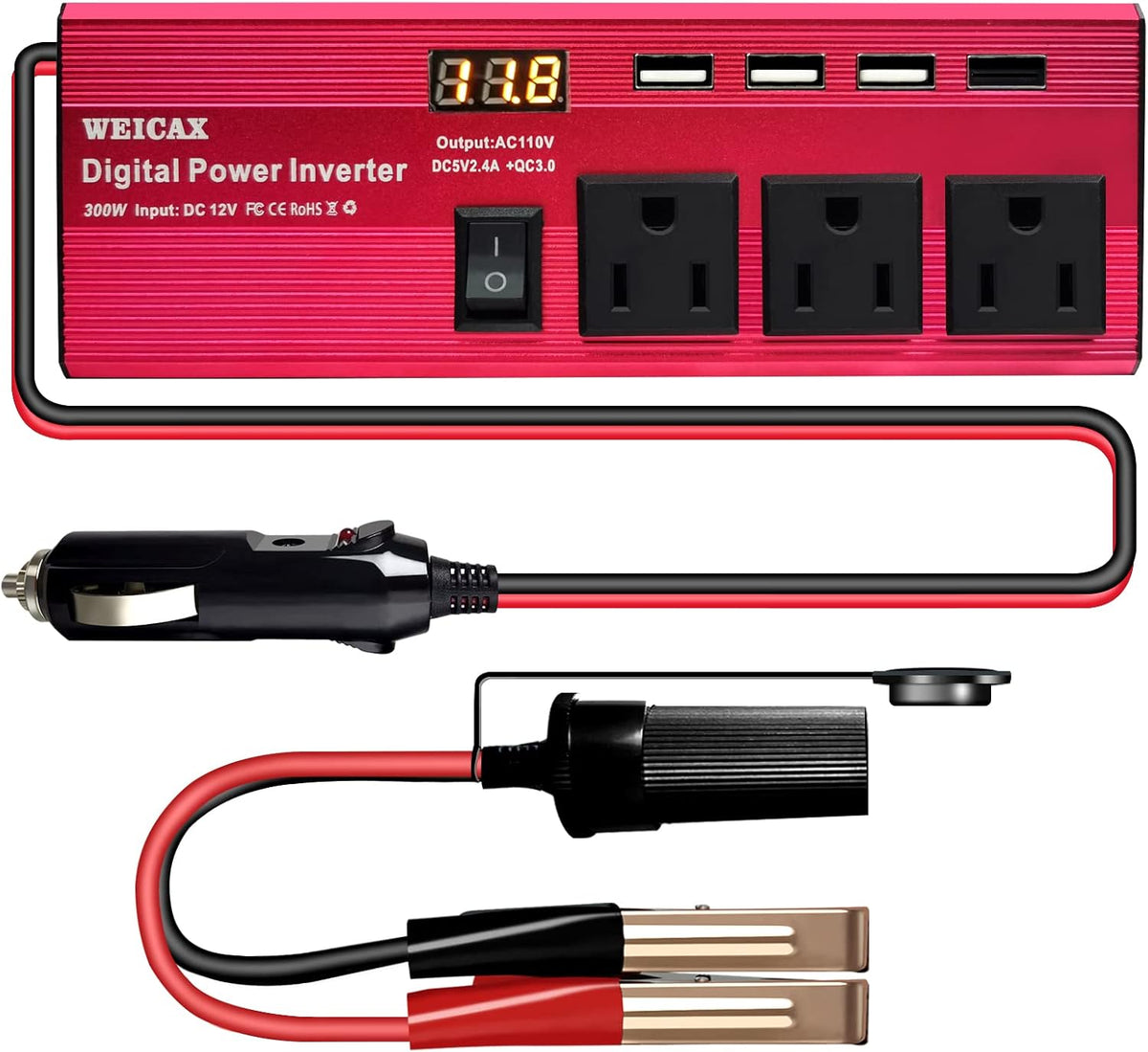 300W Power Inverter, 12V to 110V, 4 USB Port, 3 AC Outlets, Metal Housing X630