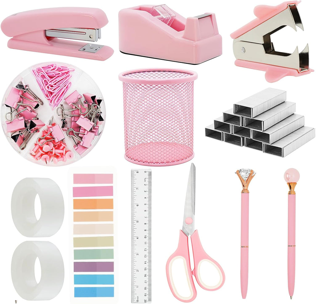 Pink Office Supplies Set with Stapler, Tape Dispenser, Pen Holder, 1000 Staples E317