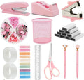 Pink Office Supplies Set with Stapler, Tape Dispenser, Pen Holder, 1000 Staples E317