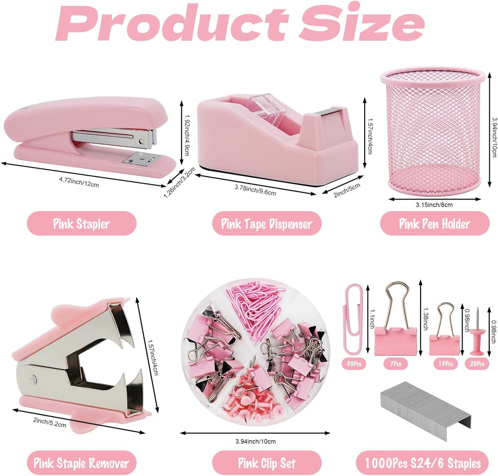 Pink Office Supplies Set with Stapler, Tape Dispenser, Pen Holder, 1000 Staples E317