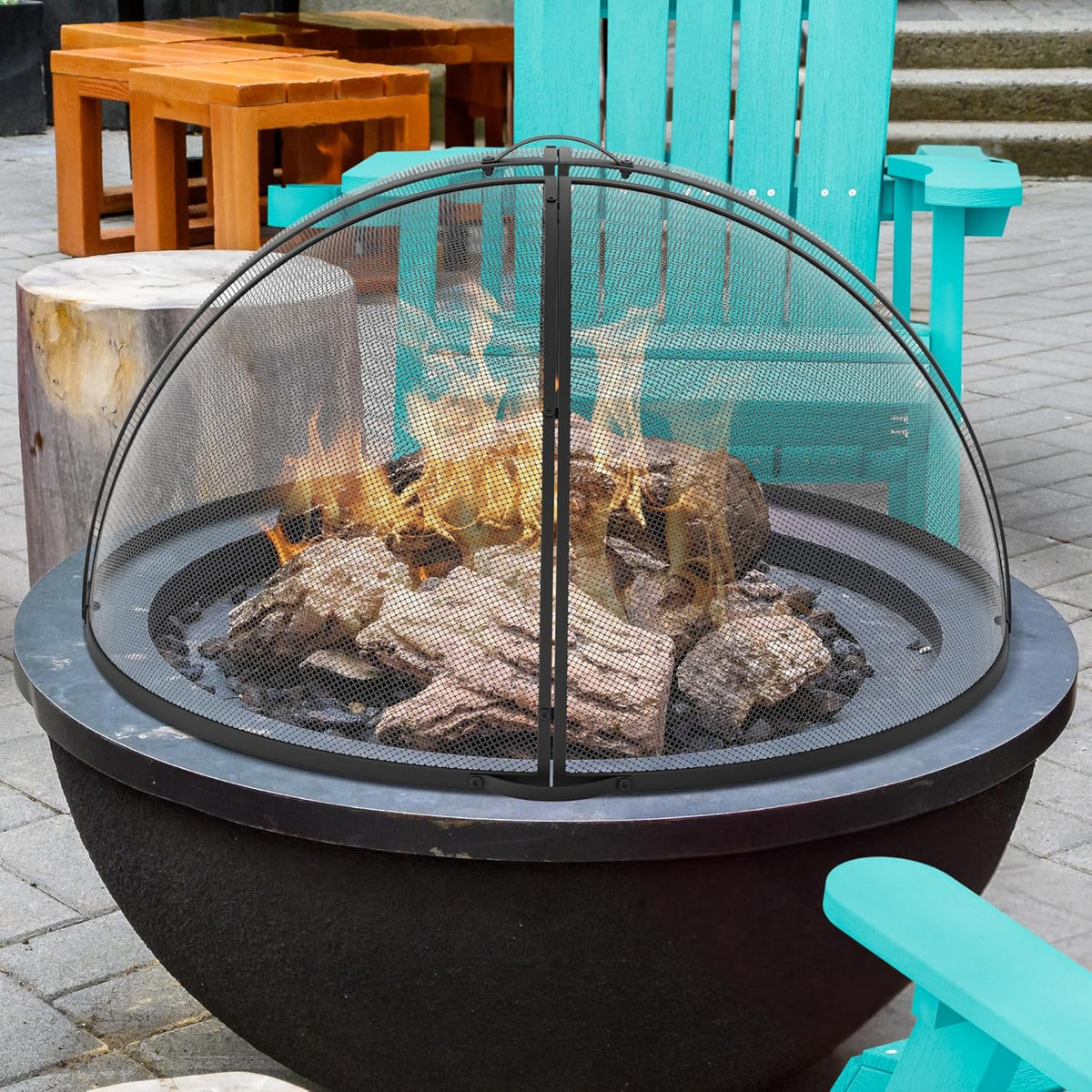 Heavy-Duty Fire Pit Spark Screen with Handle and Poker H264