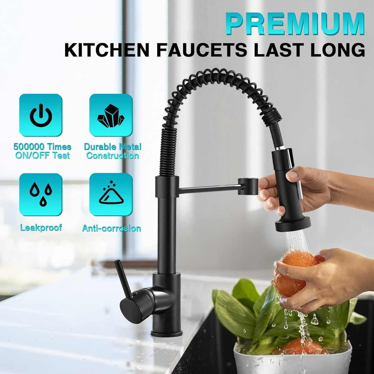 Matte Black 304 Stainless Steel Single Handle Spring Kitchen Sink Faucet with Pull Down Sprayer R5594