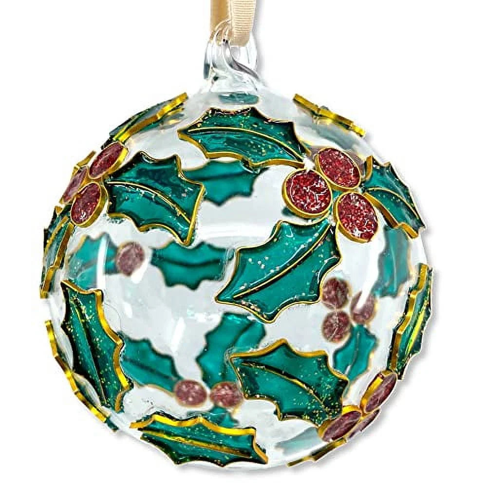 Cloisonne Holly Glass Ball Ornament Z4668
