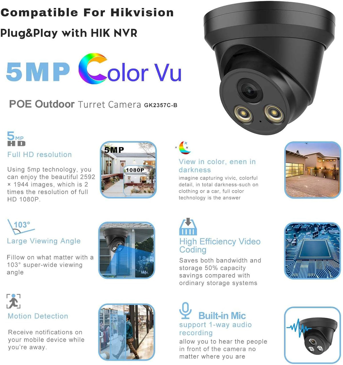 5MP Night Color Turret PoE Security IP Camera with Mic B854