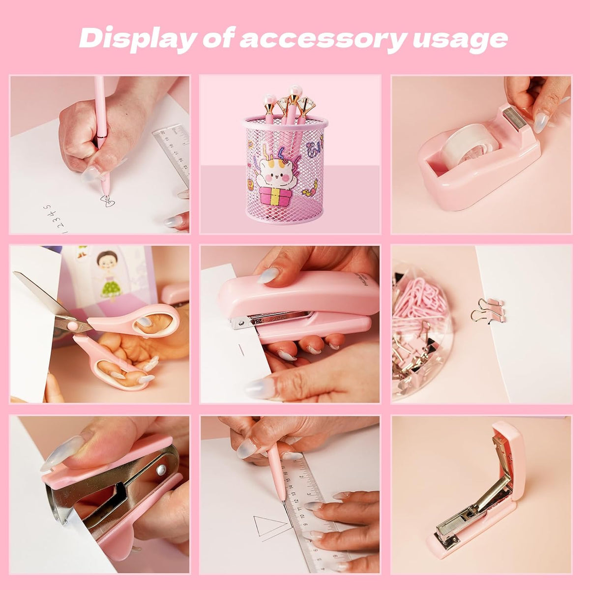 Pink Office Supplies Set with Stapler, Tape Dispenser, Pen Holder, 1000 Staples E317