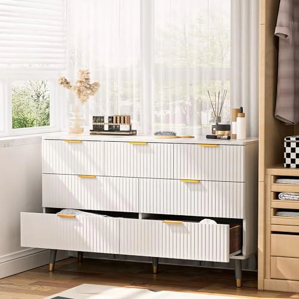 7 Drawer White Gold Wood Dresser Q35941