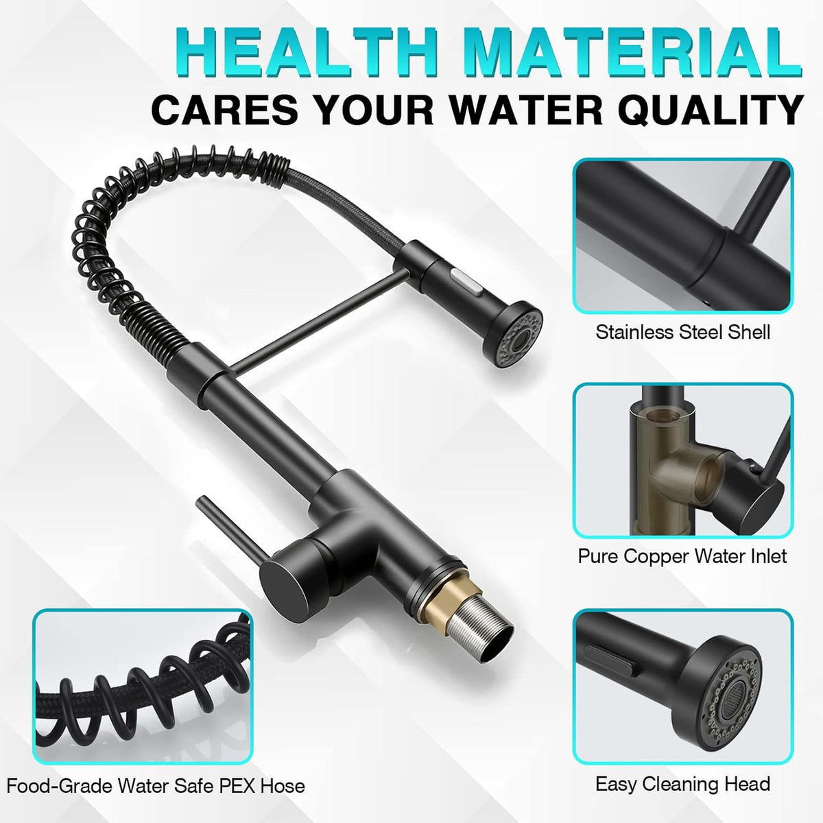 Matte Black 304 Stainless Steel Single Handle Spring Kitchen Sink Faucet with Pull Down Sprayer R5594