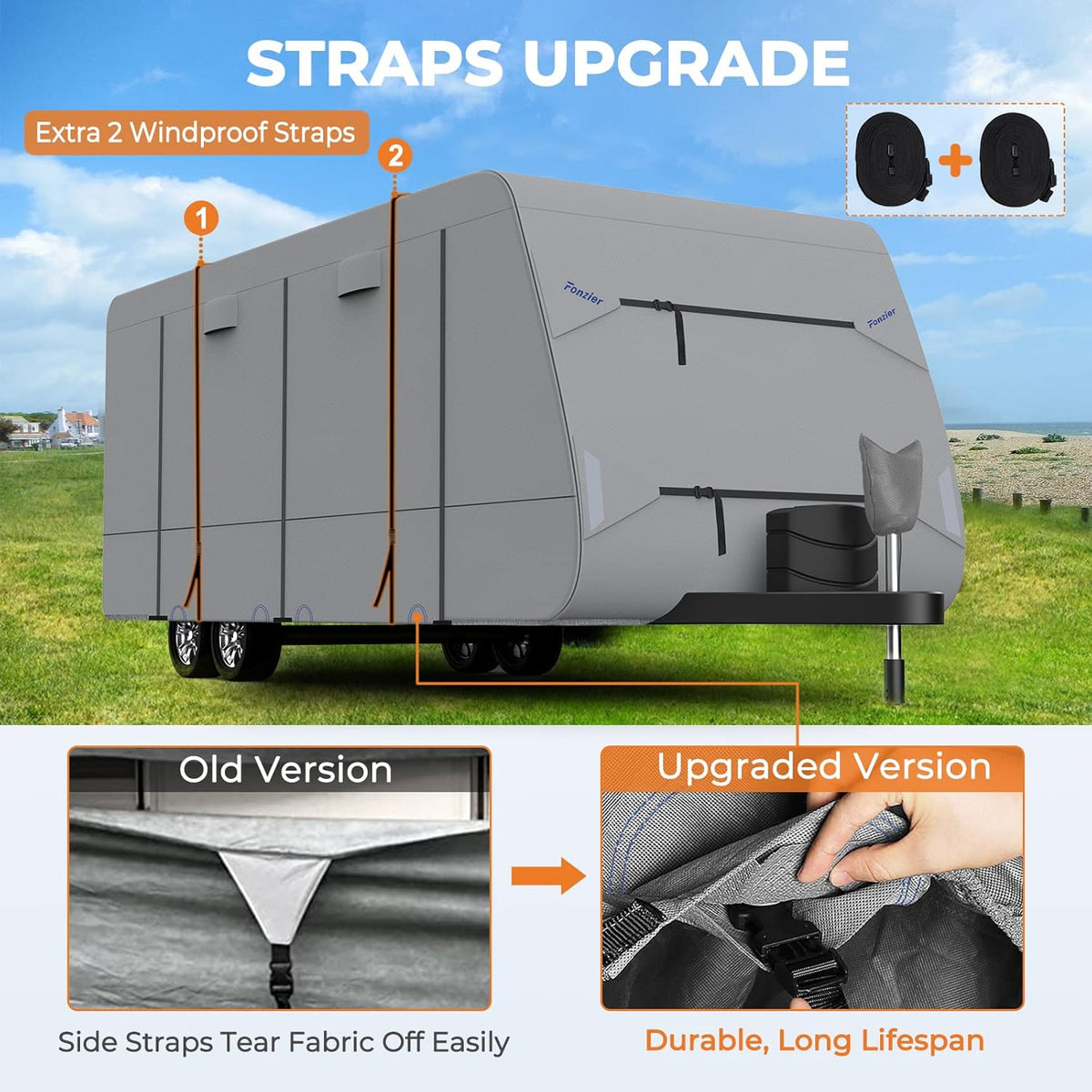 Heavy Duty 5 Layers Anti-UV Camper Cover with 4 Gutter Spout Covers Tongue Jack Cover 2 Windproof Straps R256