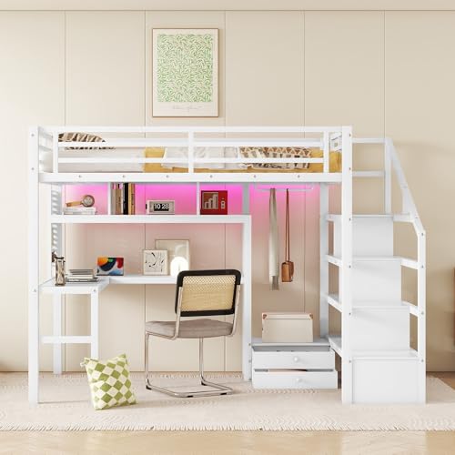 Black Full Size Metal Loft Bed with Desk and Wardrobe D564