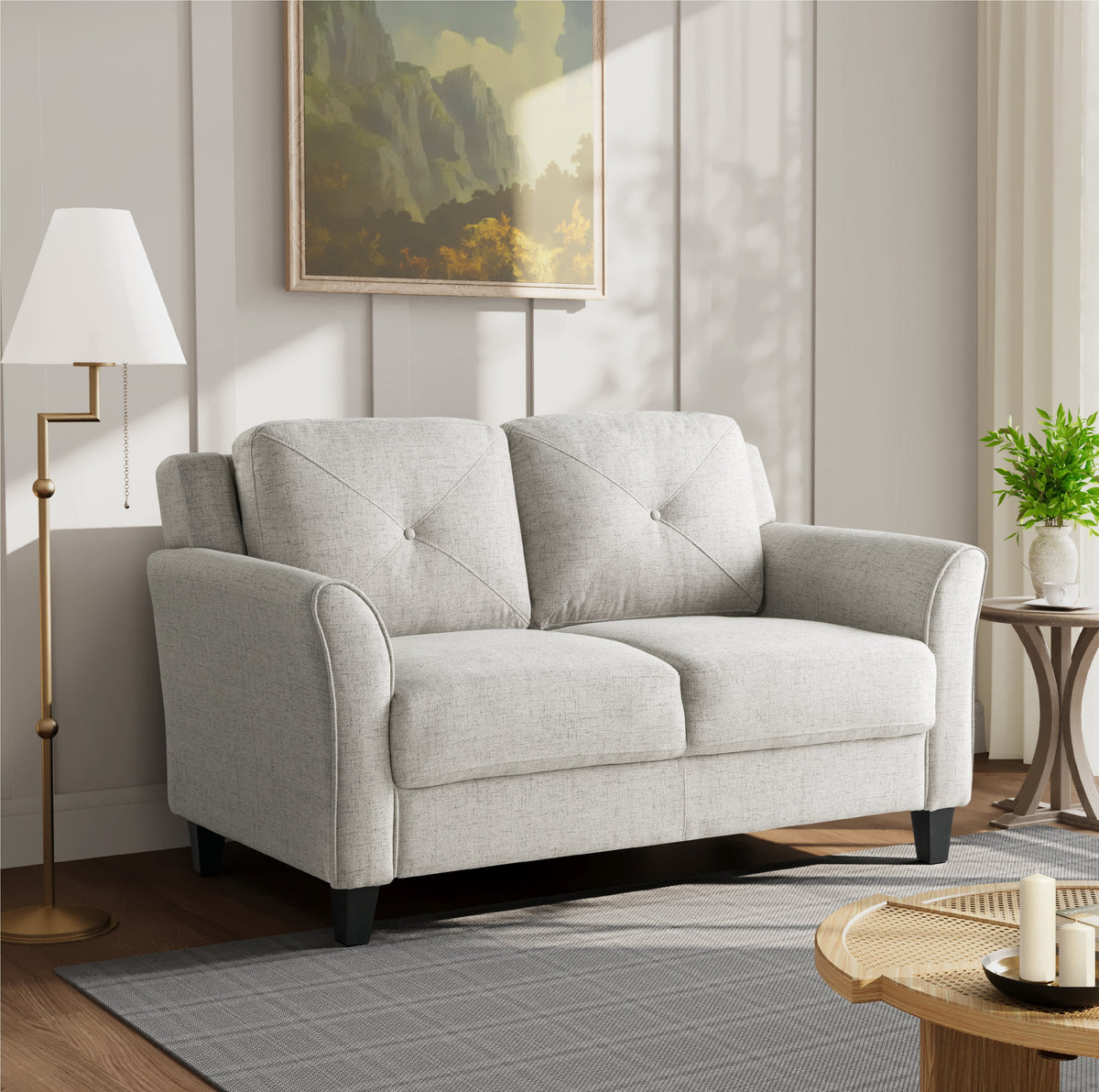 Beige Fabric Loveseat with Curved Arms H9919