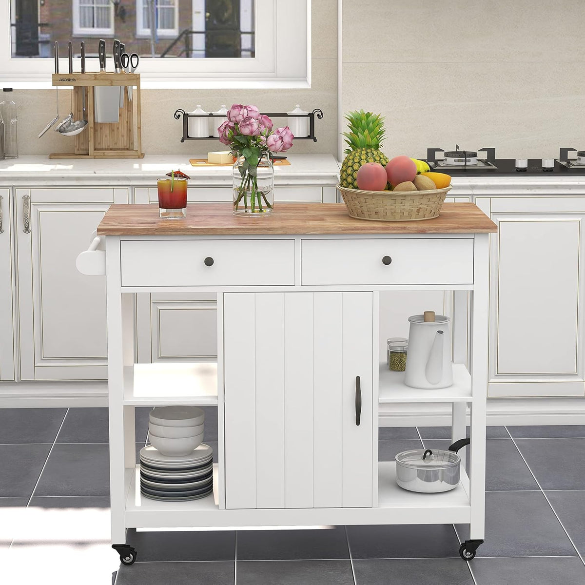 Black Wood Kitchen Cart with Storage and Drawers M97268