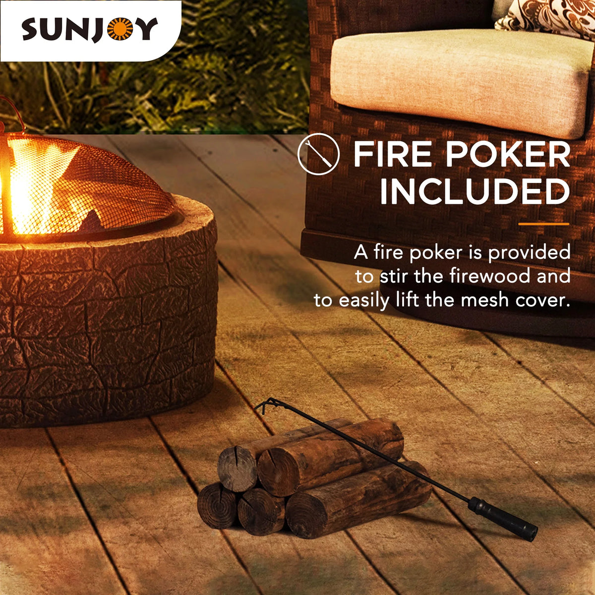 26 in. Stone Wood Burning Fire Pit with Steel Mesh Spark Screen and Fire Poker J94365