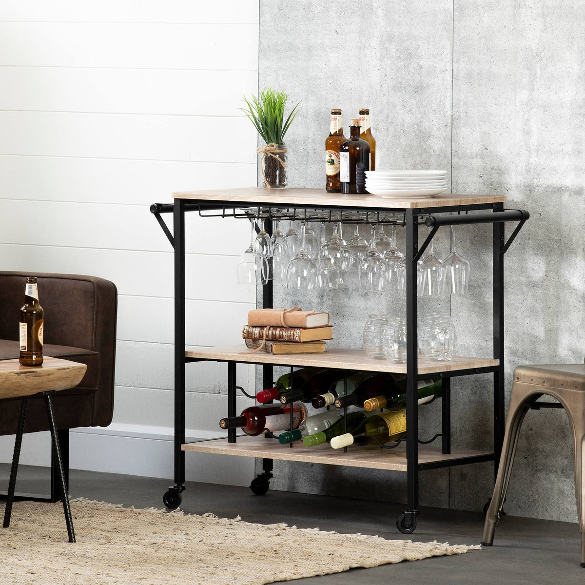 White Oak Bar Cart with Wine Rack O34231